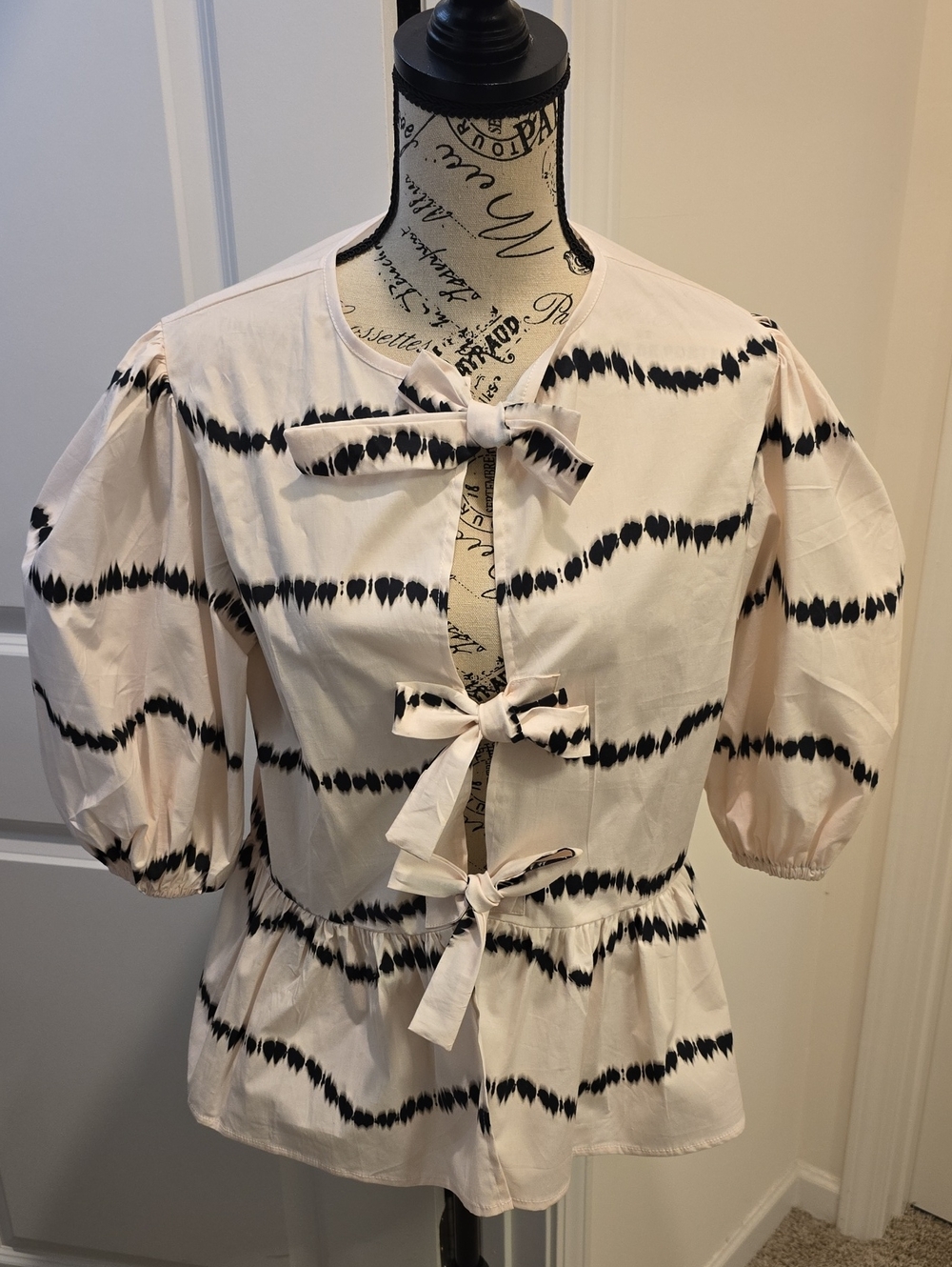 Anthropologie - The Lulo Project Blush Tie-Front Puff Sleeve Top w/ Black Stripe